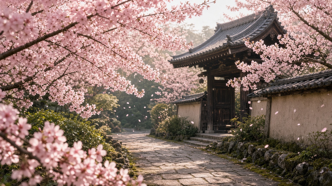 Cherry blossoms by a temple