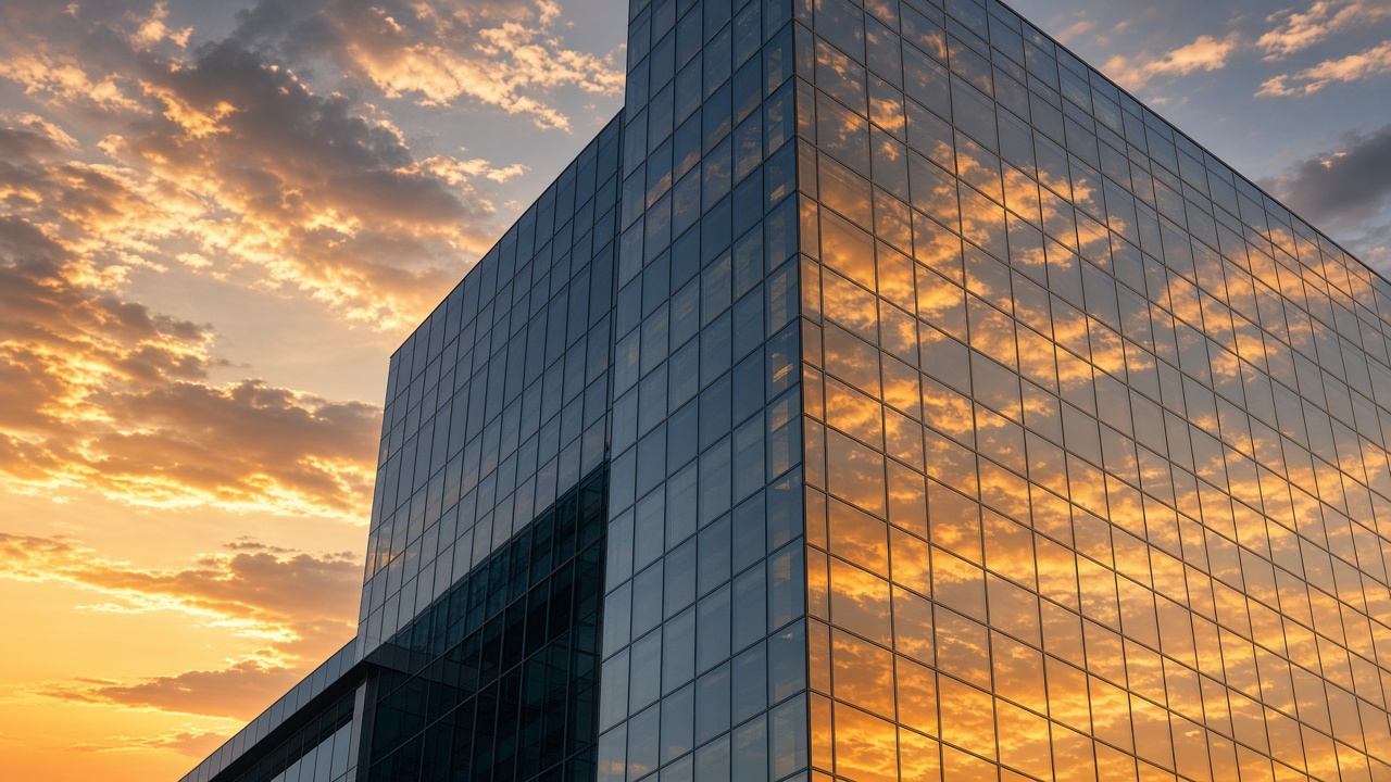Glass skyscraper at sunset