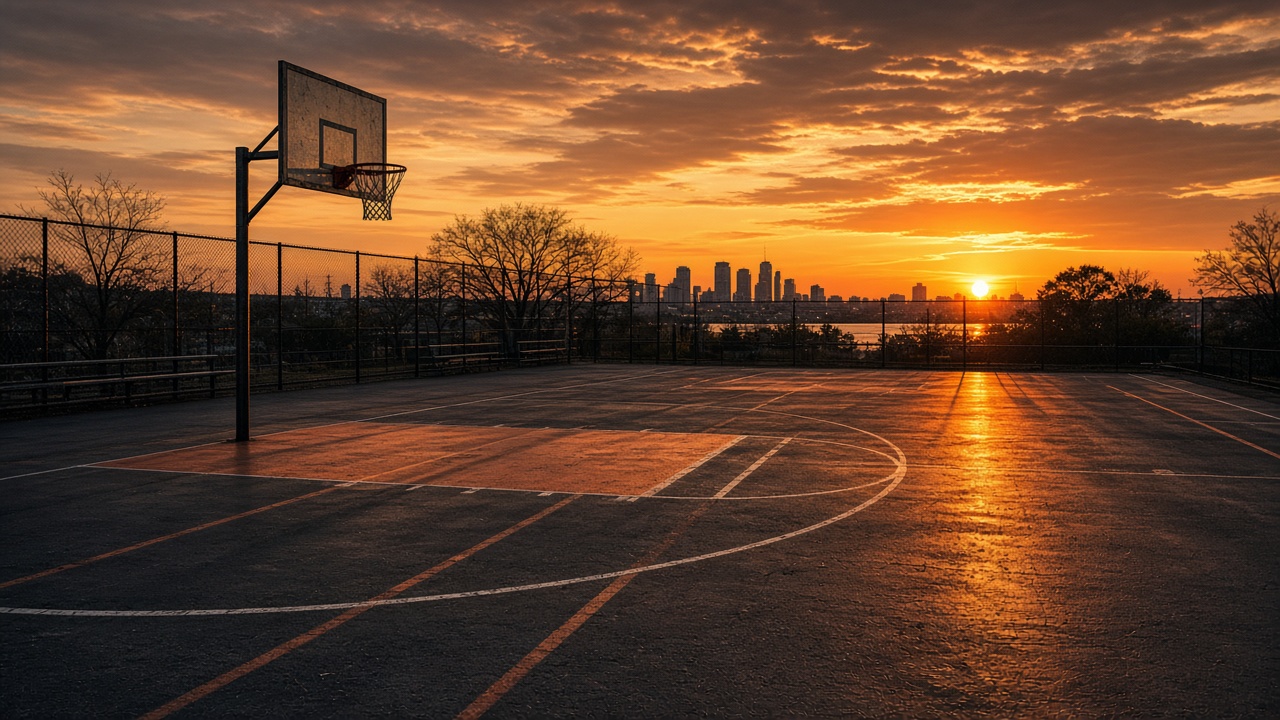 Basketball court at sunset