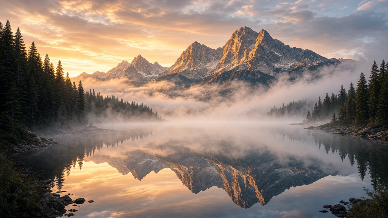 Misty lake at sunrise