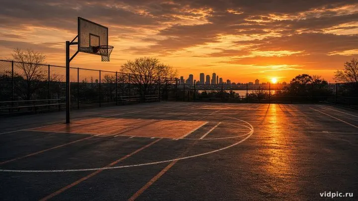 An empty outdoor court with long sunset shadows.