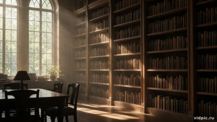 Tall bookshelves with sunlight through tall windows.