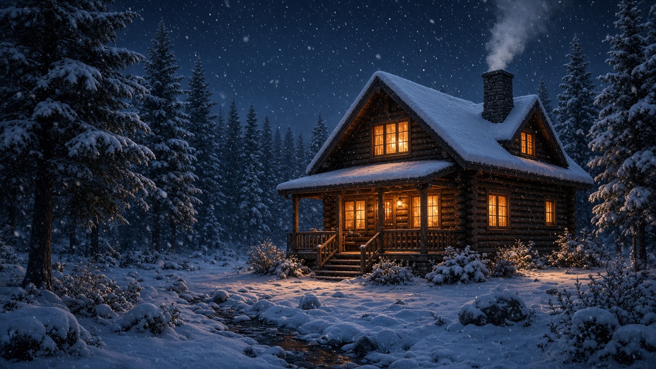 Snowy cabin at night