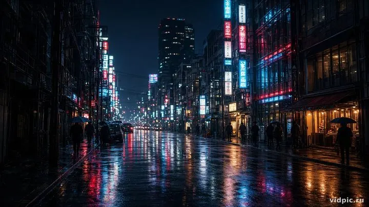 Neon reflections on a wet night city street.