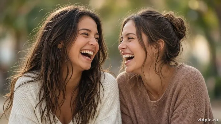A candid frame of two friends laughing outdoors.