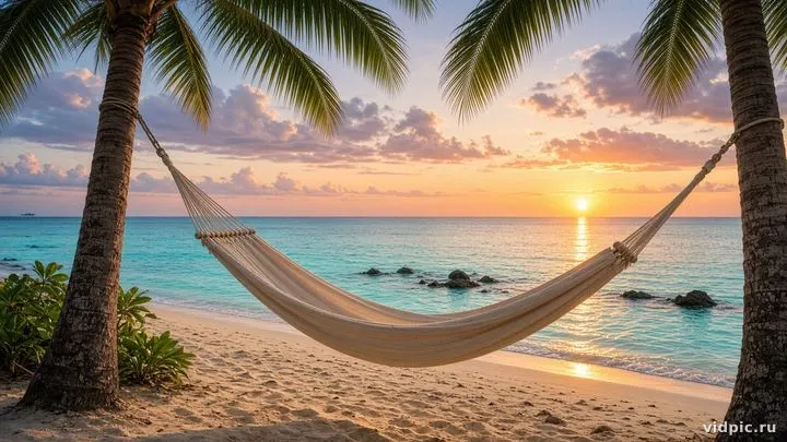 A hammock between palms over turquoise water.