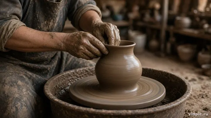 Artisan hands shaping clay on a spinning wheel.