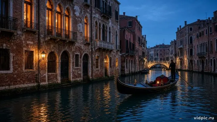 A Venice canal at blue hour with warm window lights.