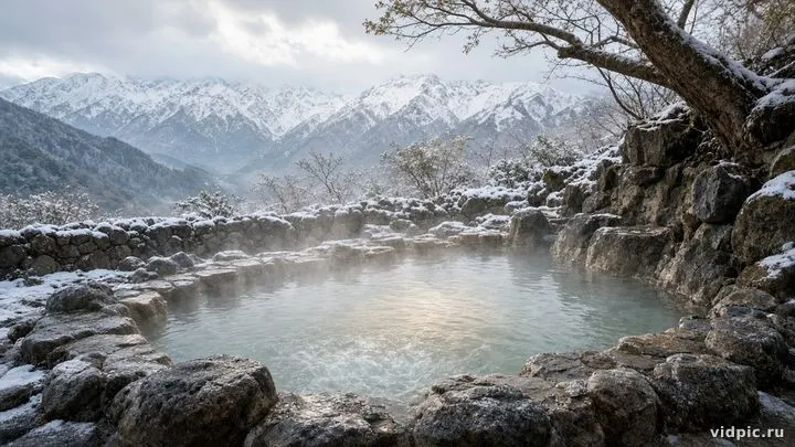 Steam over stone pools with snowy mountains.