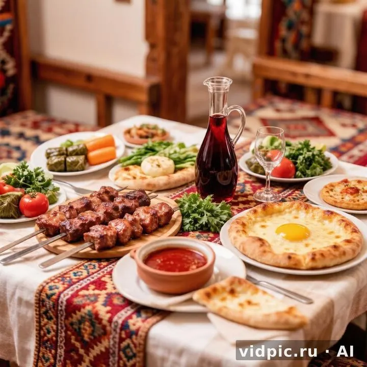 Caucasian table with kebabs and vegetables. A table is set with appetizing Caucasian cuisine: kebabs, flatbreads, sauce, and fresh vegetables.