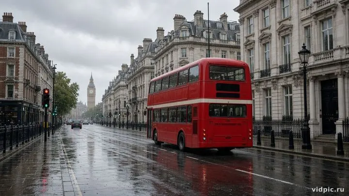 A classic double-decker on a wet street.