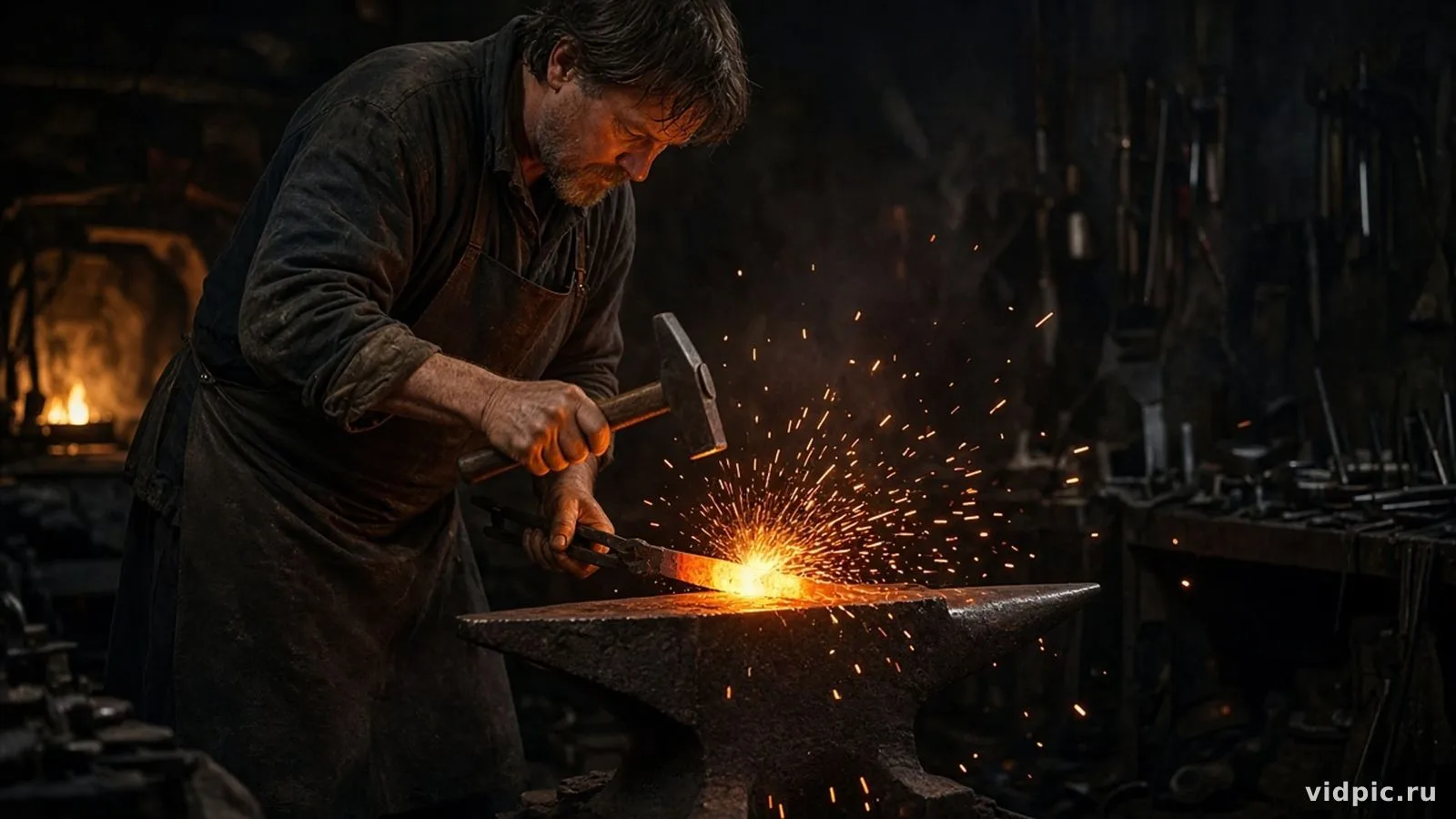 Sparks over an anvil in a dark workshop.
