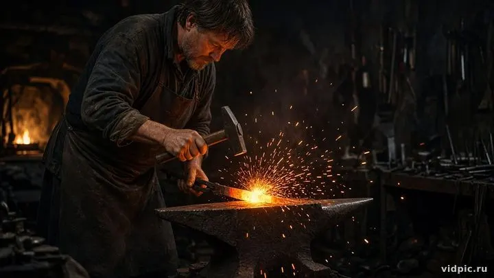 Sparks over an anvil in a dark workshop.