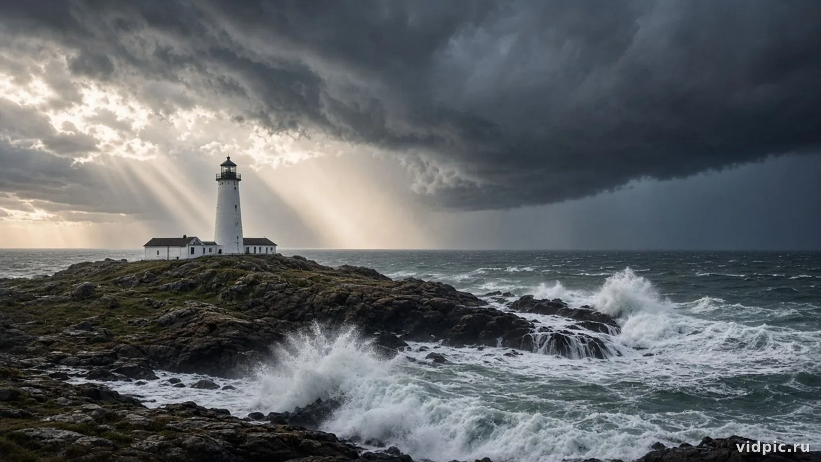 A white lighthouse on rocks amid waves and dark clouds.