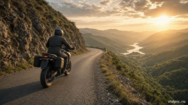 A rider on a winding mountain road above valleys.