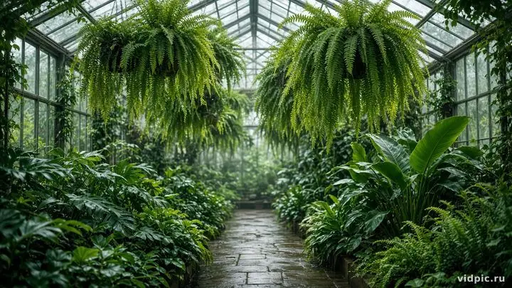 Lush greenery under a glass roof in soft light.
