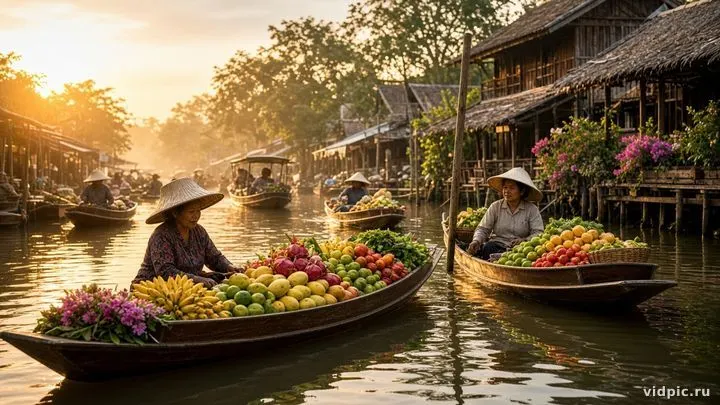 Boats with fruit and flowers on a canal at golden hour.