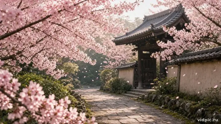 Pink cherry blossoms along a quiet temple path.