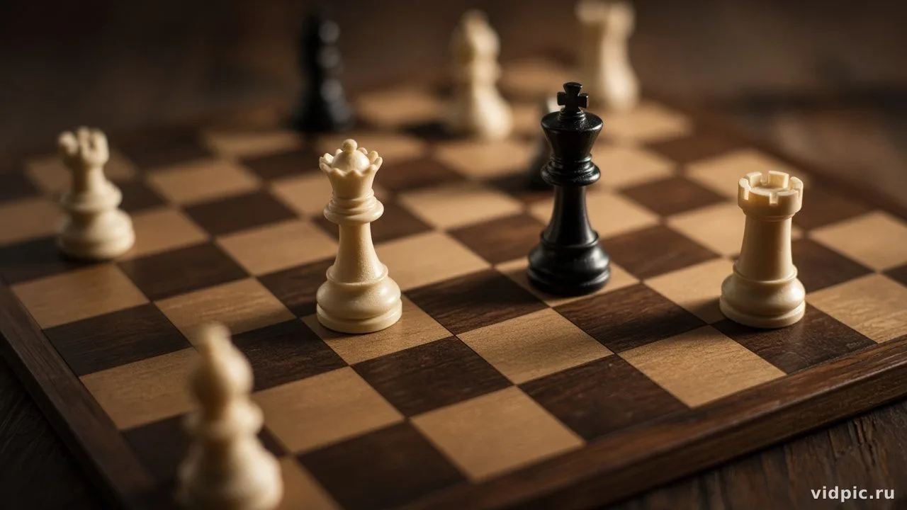 Close-up of a chess endgame on a wooden board in warm light.