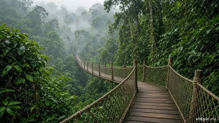 A walkway bridge through misty tropical canopy.