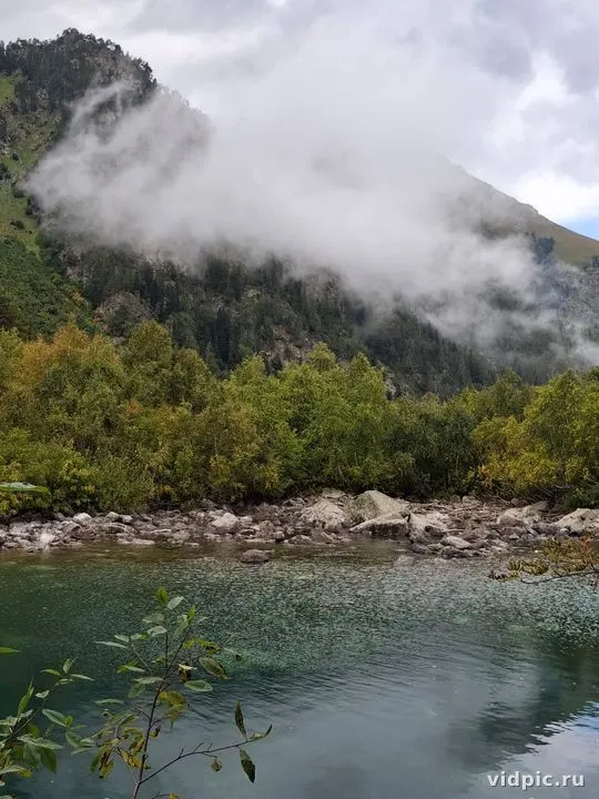 Fog envelops a mountain lake, creating a mystical atmosphere. Perfect for illustrating tranquility and peace.