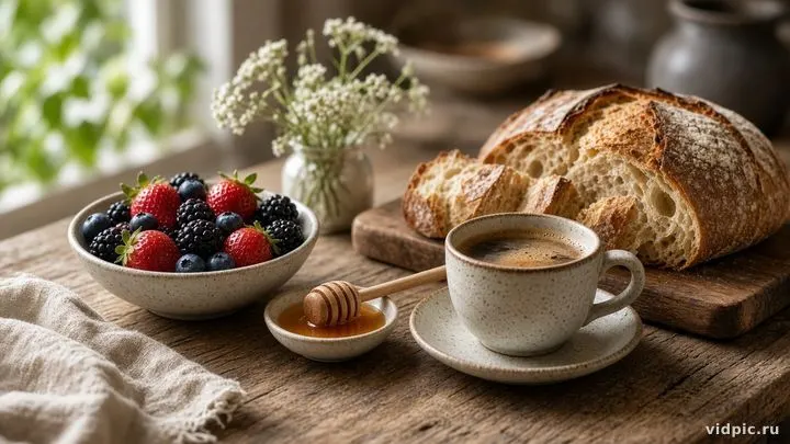 Bread, berries, honey and coffee in warm morning light.