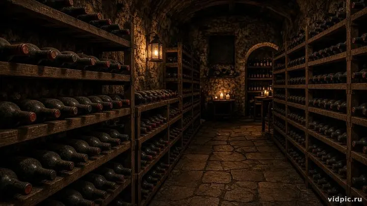 Rows of bottles on wooden racks in warm light.