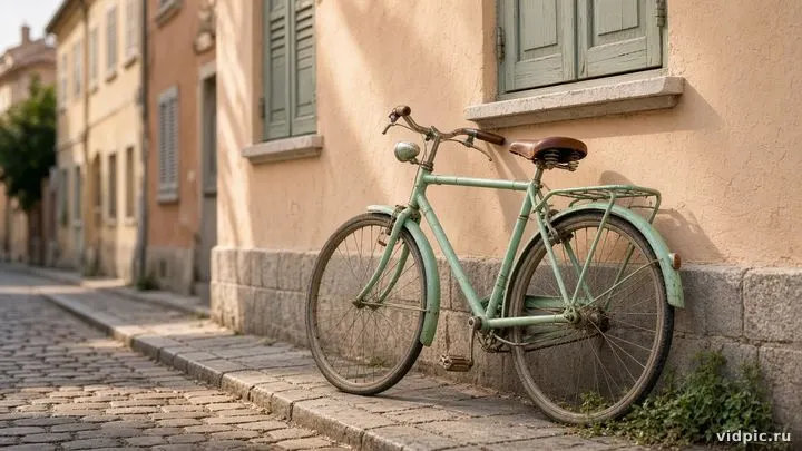 A mint bicycle against a pastel European wall.