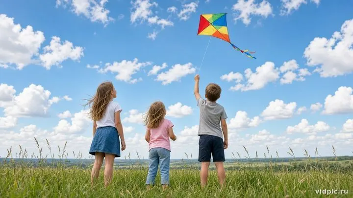 Children flying a colorful kite on a green hill.