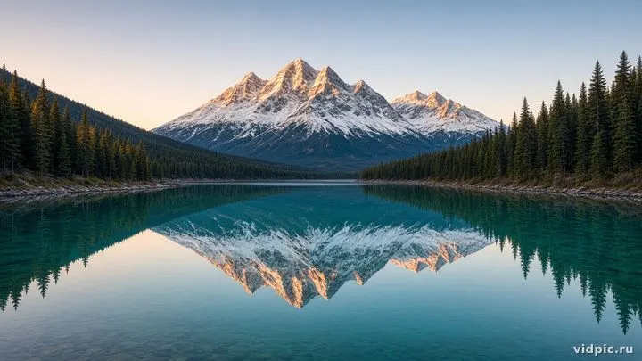 Snow peaks mirrored in glass-still water.